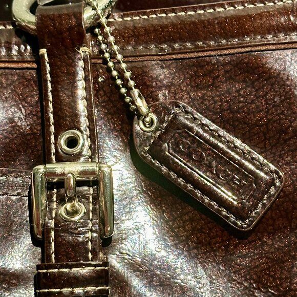 COACH East West Gallery Tote Patent Leather Brown Silver 10380 Clip Closure Tag - Picture 7 of 16